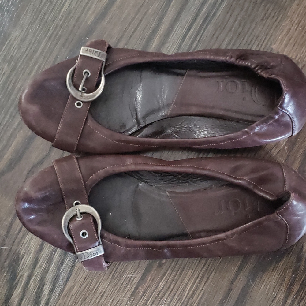 Christian DIOR Black Leather Buckle Ballet Flats